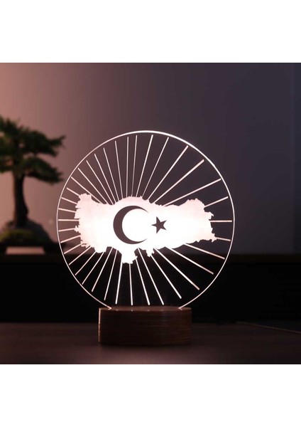 Türkiye Haritası LED Masa Lambası Ahşap Taban 7 Farklı Işık Renkli