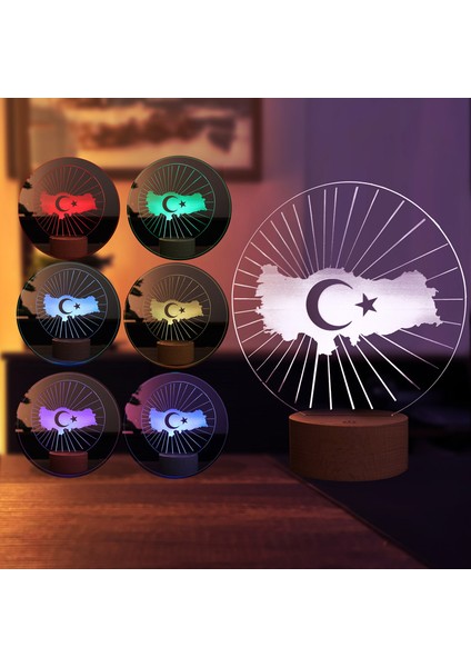 Türkiye Haritası LED Masa Lambası Ahşap Taban 7 Farklı Işık Renkli