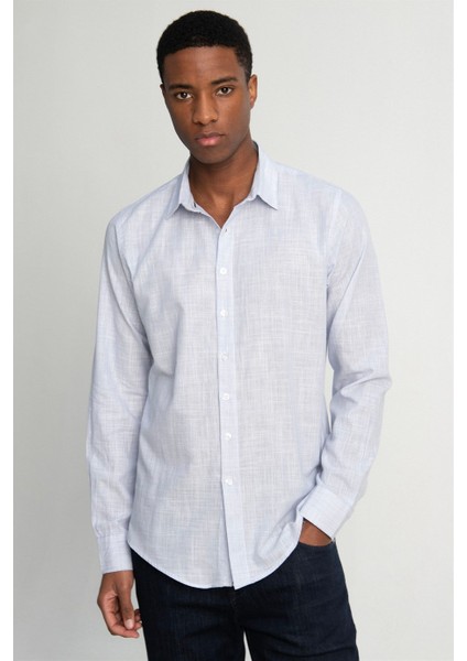 Slim Fit Uzun Kol Çizgili Yaka İçi Biyeli Ketenli Erkek Gömlek