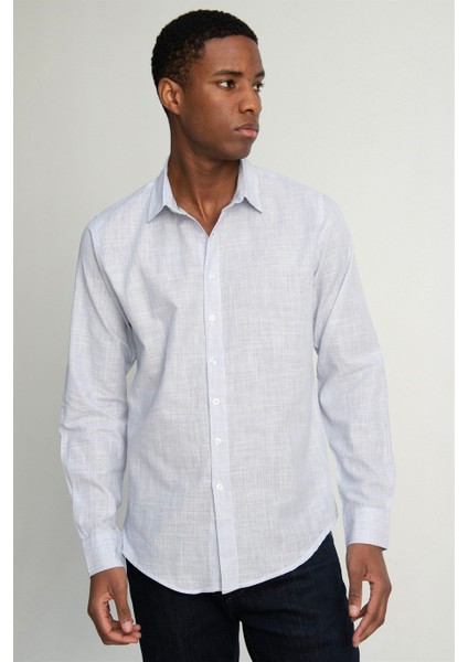 Slim Fit Uzun Kol Çizgili Yaka İçi Biyeli Ketenli Erkek Gömlek