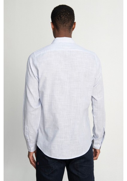 Slim Fit Uzun Kol Çizgili Yaka İçi Biyeli Ketenli Erkek Gömlek