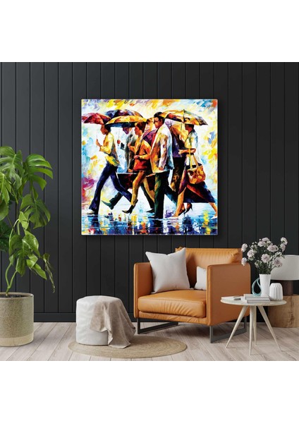 Yağmurda Karşıya Geçen Şemsiyeli Insanlar Fırça Izleri Kanvas Tablo