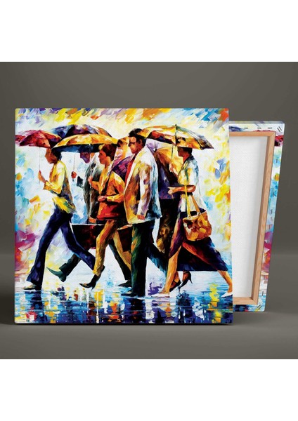 Yağmurda Karşıya Geçen Şemsiyeli Insanlar Fırça Izleri Kanvas Tablo fiyatları