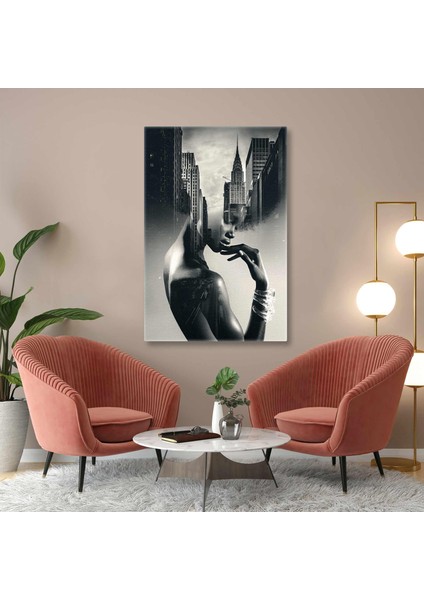 Neon Işıklar Poz Veren Kadın Modern Dikey Kanvas Tablo