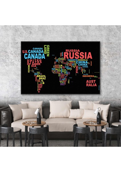 Ülke Isimleri Yazan Dünya Haritası World Map Kanvas Tablo