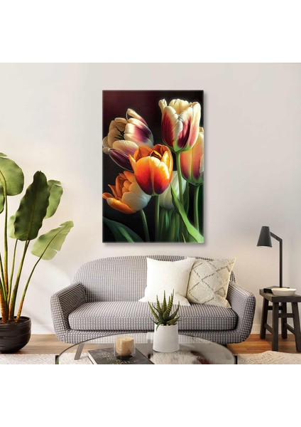 Pembe Ve Beyaz Lale Buketi Çiçek Dekoratif Kanvas Tablo