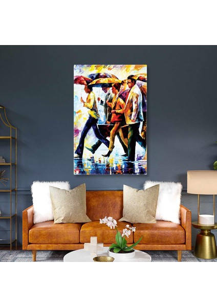 Yağmurda Karşıya Geçen Şemsiyeli Insanlar Fırça Izleri Kanvas Tablo