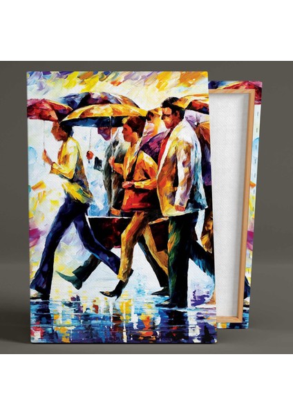 Yağmurda Karşıya Geçen Şemsiyeli Insanlar Fırça Izleri Kanvas Tablo fiyatları
