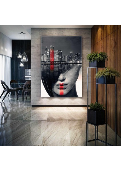 Kırmızı Detaylı Şehir Manzarası City View Kuaför Güzellik Salonu Kanvas Tablo