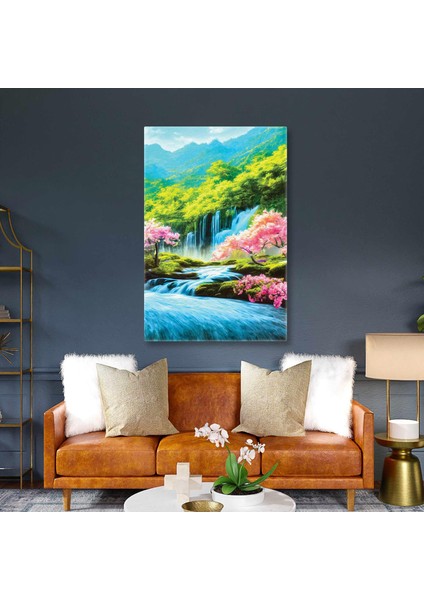 Şelale Doğa Manzarası Fırça Izleri Kiraz Çiçeği Ağacı Kanvas Tablo