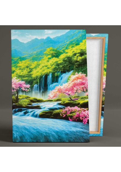 Şelale Doğa Manzarası Fırça Izleri Kiraz Çiçeği Ağacı Kanvas Tablo fiyatları