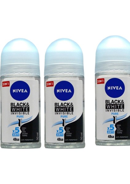 Kadın Roll On Deodorant Black&White Invisible Pure 48 Saat Anti-Perspirant Koruma 50ml 42243229 (3 Adet)