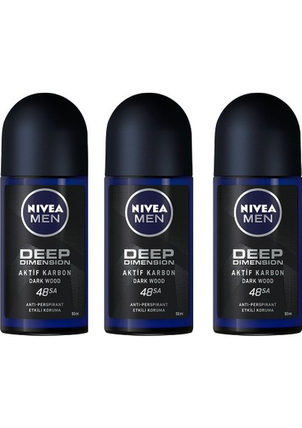 Nivea men Erkek Roll-On Deodorant Deep Dimension 50ml,48 Saat Anti-Perspirant Koruma 42349839 (3 Adet)