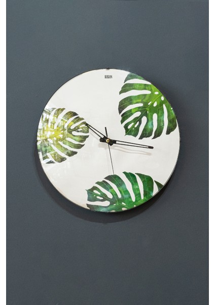 Yaprak Desenli Camlı 35 cm Duvar Saati,dekoratif Camlı 35 cm Akasya Yapraklı Duvar Saati