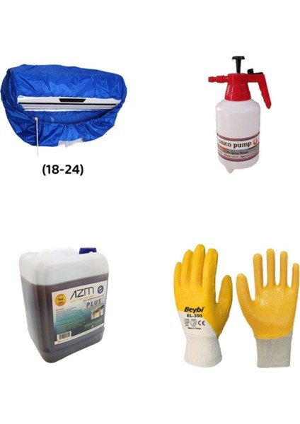 Klima Klima Temizlik Seti 18-24 Btu Için Pompa+Eldiven+Kimyasal Sıvı+Branda