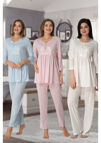 3011 Pembe Dantel Detaylı Lohusa Pijama Takımı