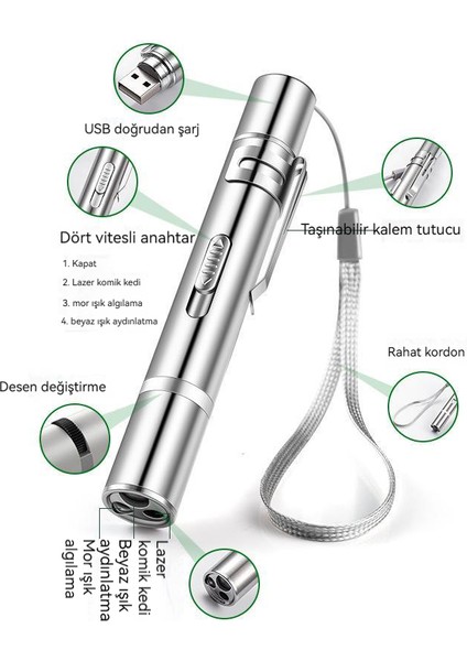 USB Şarj Üçü Bir Arada Lazer Çoklu Desen Komik Kedi Kalem (Yurt Dışından)