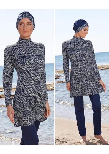 23903 Lacivert Dijital Desenli Tam Boy Lycralı Tesettür Mayo