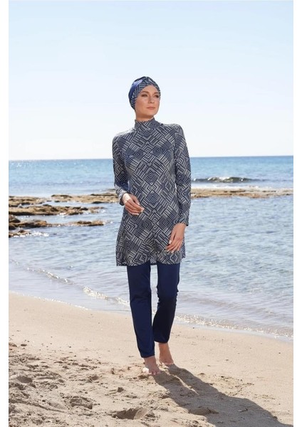 23903 Lacivert Dijital Desenli Tam Boy Lycralı Tesettür Mayo modelleri