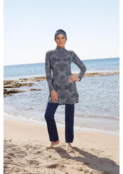 23903 Lacivert Dijital Desenli Tam Boy Lycralı Tesettür Mayo indirimleri