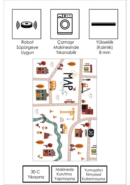 Confidence Home Makinede Yıkanabilir Kaymaz Taban Leke Tutmaz Antialarjik Yol Desenli Çocuk Odası Halısı Oyun Matı