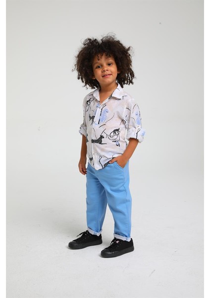 Hayvan Baskılı Bebe Gömlek - Mavi