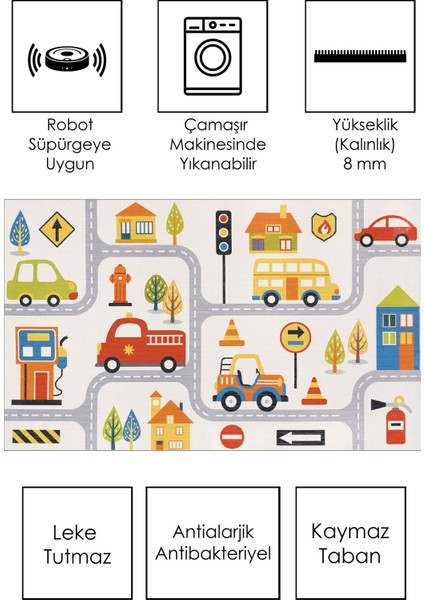 Makinede Yıkanabilir Kaymaz Taban Leke Tutmaz Antialarjik Çocuk Odası Halısı Oyun Matı