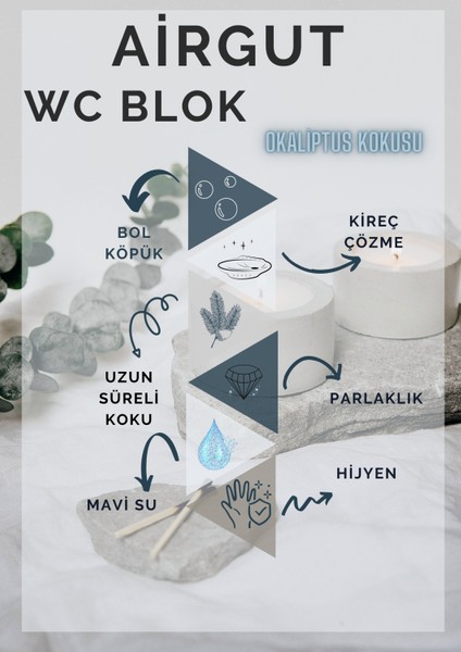 AirGut 2'li Paket WC Blok, Tuvalet Koku Giderici 8 Adet Okaliptus Kokusu Bloğu (Mavi su verir)