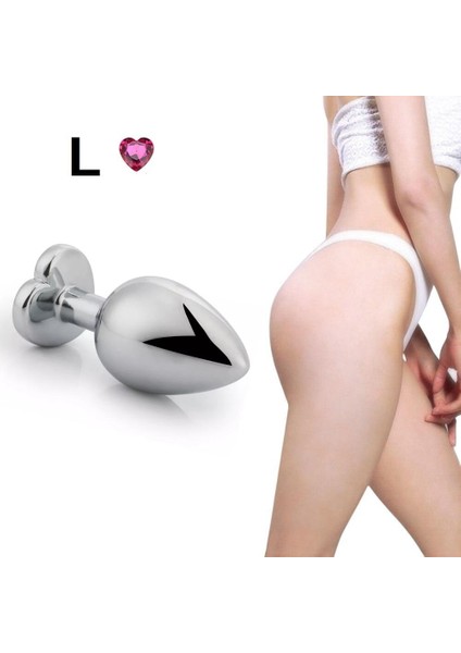 Silver Paslanmaz Metal Pembe Kalp Taşlı Plug - Büyük