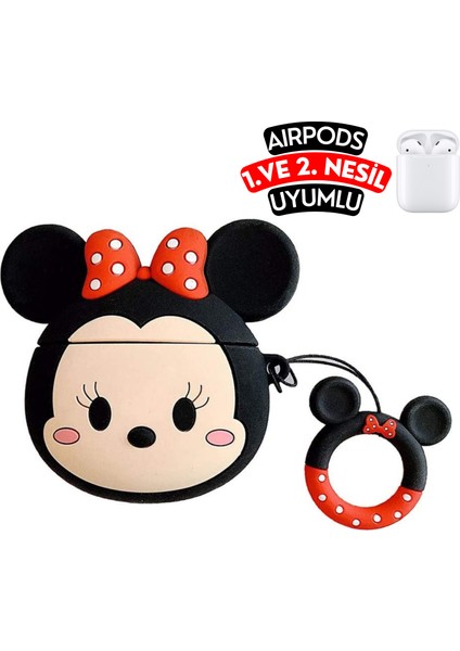 Airpods 1. ve 2. Nesil Uyumlu Minnie Mouse Figürlü Sevimli Koruyucu Silikon Kılıf