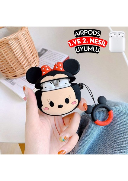 Airpods 1. ve 2. Nesil Uyumlu Minnie Mouse Figürlü Sevimli Koruyucu Silikon Kılıf