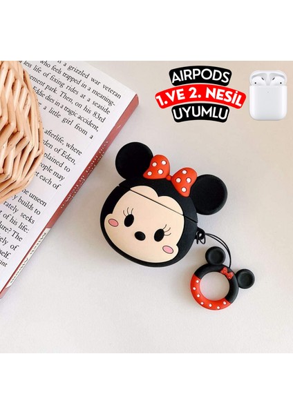 Airpods 1. ve 2. Nesil Uyumlu Minnie Mouse Figürlü Sevimli Koruyucu Silikon Kılıf