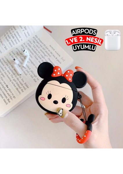 Airpods 1. ve 2. Nesil Uyumlu Minnie Mouse Figürlü Sevimli Koruyucu Silikon Kılıf