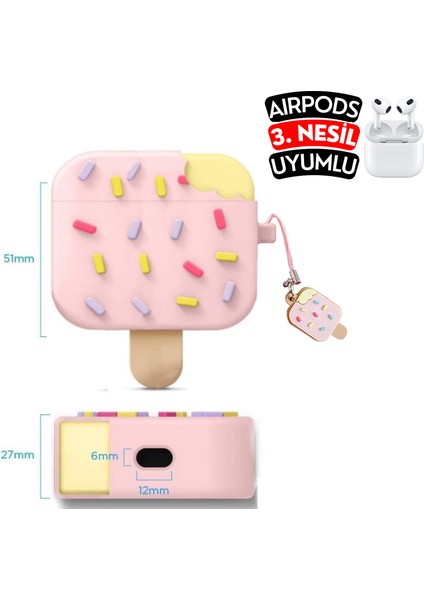 Airpods 3. Nesil Uyumlu Dondurma Figürlü Kopçalı Koruyucu Silikon Kılıf, Darbe Emici Kılıf fiyatları
