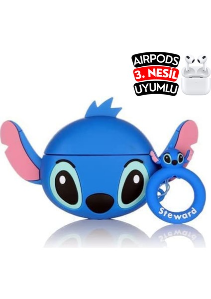 Airpods 3. Nesil Uyumlu Stitch Figürlü Sevimli Kopçalı Koruyucu Silikon Kılıf, Darbe Emici Kılıf modelleri
