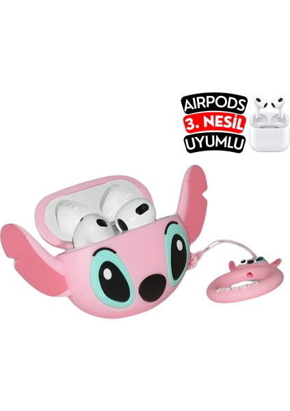 Airpods 3. Nesil Uyumlu Stitch Figürlü Sevimli Kopçalı Koruyucu Silikon Kılıf, Darbe Emici Kılıf fiyatları