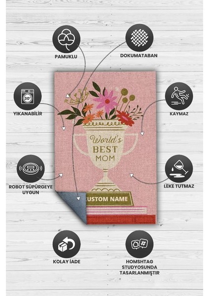 Dünyanın En İyi Annesi Kişiye Özel Kişiselleştirilebilir Dokuma Tabanlı Yıkanabilir Dekoratif Ev Halısı