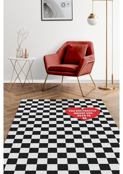 Olman Gereken Yer Siyah Beyaz Kareli Halı Geometrik Salon Halısı Aşk Temalı Modern Halı