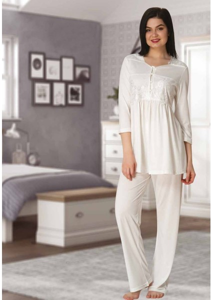 3011 Dantel Detaylı Lohusa Pijama Takımı Ekru