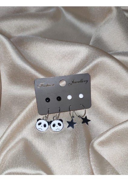 Panda Figürlü Mineli Yıldızlı 8'li Set Küpe Özel Tasarım Kadın Bijuteri fırsatları