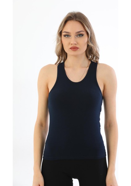 Kadın Pamuklu Likralı Sporcu Askılı Atlet-Lacivert