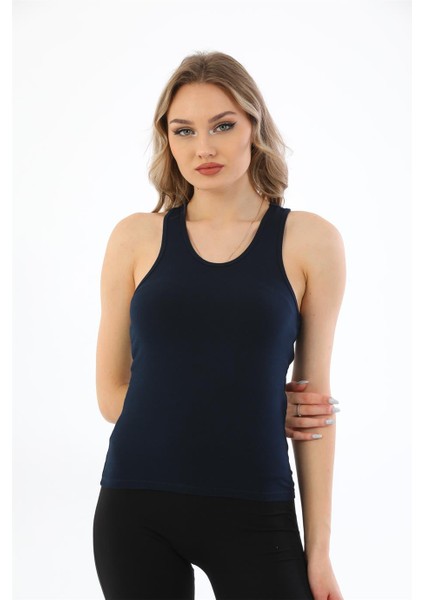 Kadın Pamuklu Likralı Sporcu Askılı Atlet-Lacivert indirimleri