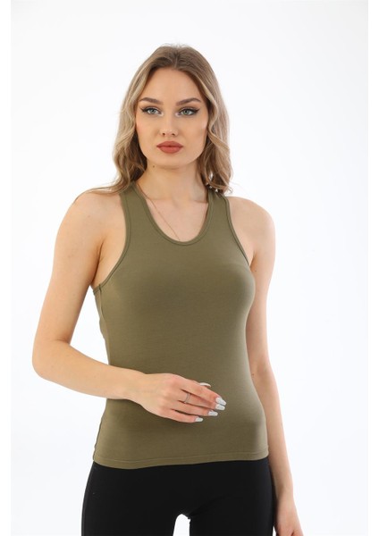 Kadın Pamuklu Likralı Sporcu Askılı Atlet-Haki modelleri