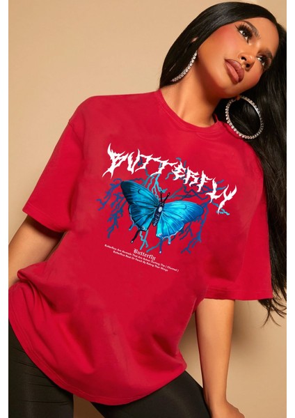 Blue Butterfly Baskılı T-Shirt