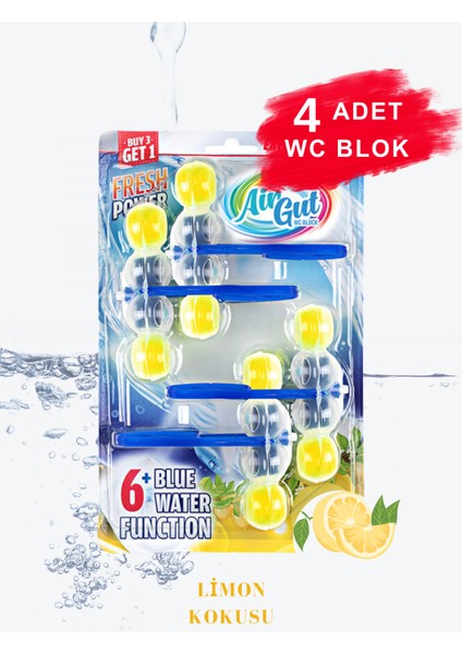 AirGut WC Blok, Tuvalet Koku Giderici 4 Adet Limon Kokusu Bloğu (Mavi su verir)