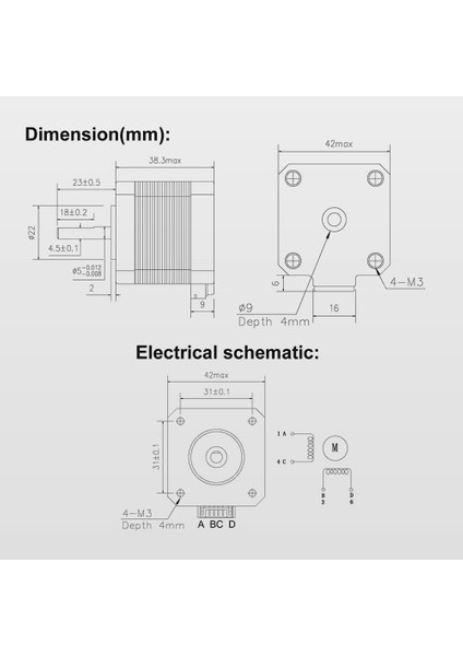 Roba 17HS44011S-09 Nema 17 Step Motor 0.28N.M 0.9 Derece 400 Adıım D Mil 2 Faz 1.3A 3D Yazıcı