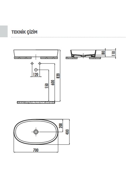 LP170 Loop Tezgah üstü Oval Çanak Lavabo 40x70 Cm