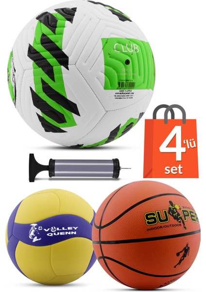 4'lü Set Basketbol Voleybol Sert Zemin Futbol Topu Top Şişirme Pompası Seti YEŞIL-018