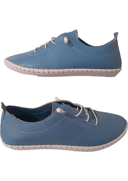 Açık Mavi Kadın Hakiki Deri Bağcığı Lastikli Şık Ayakkabı