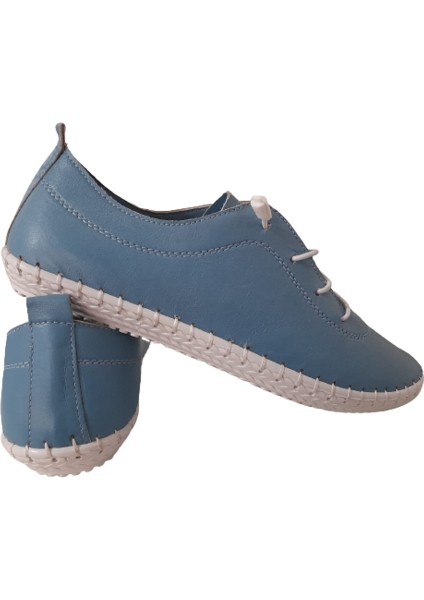 Açık Mavi Kadın Hakiki Deri Bağcığı Lastikli Şık Ayakkabı modelleri